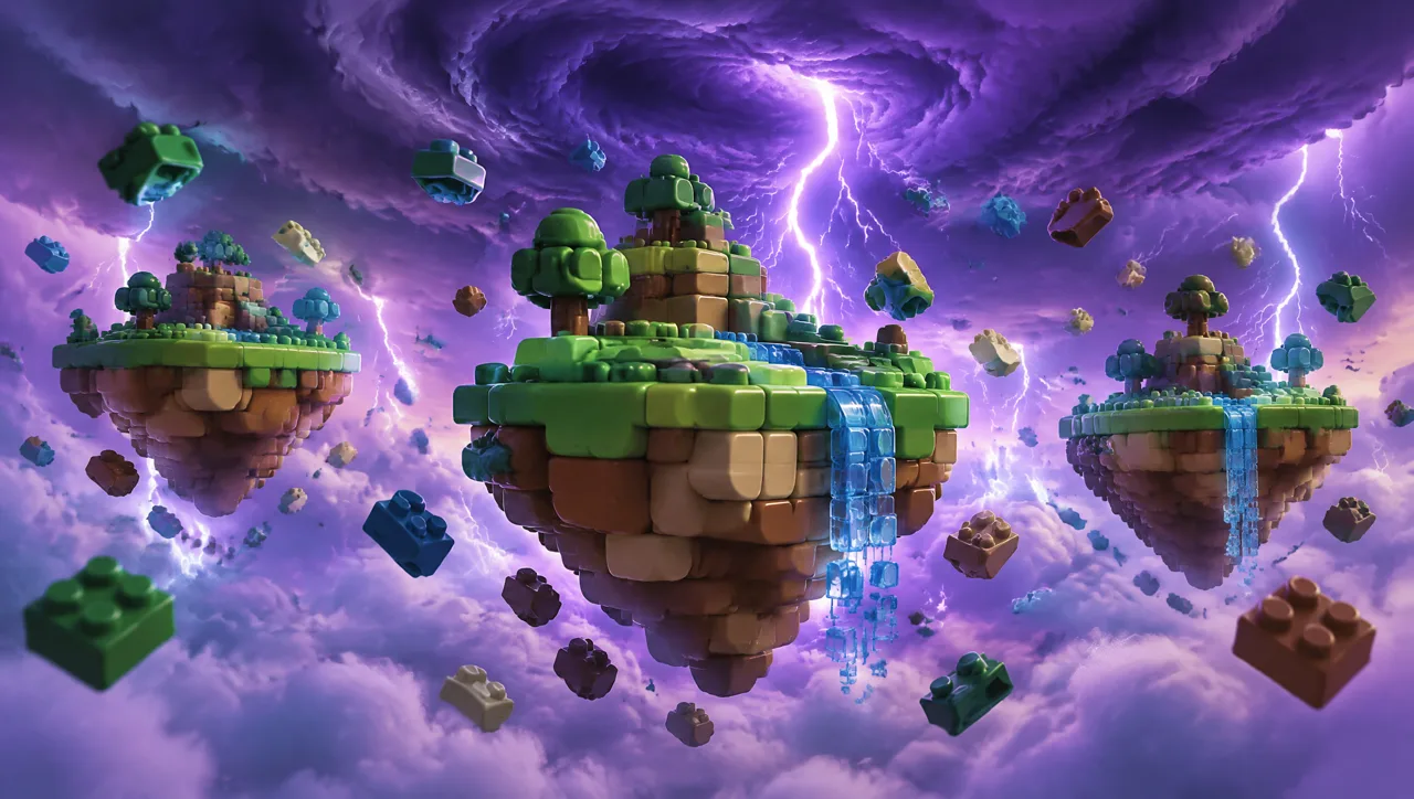 Floating brick islands under a storm cloud