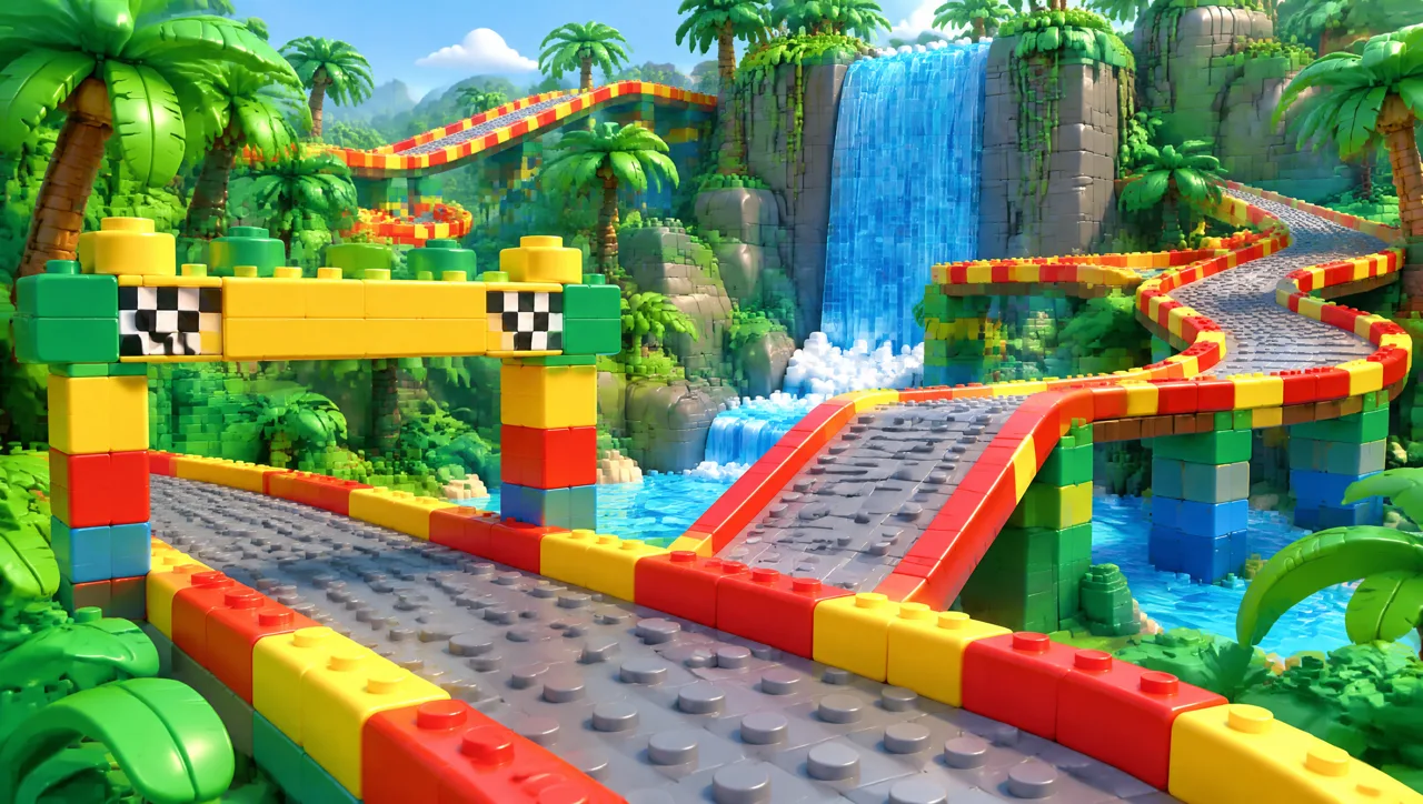 A jungle race track built from chunky bricks
